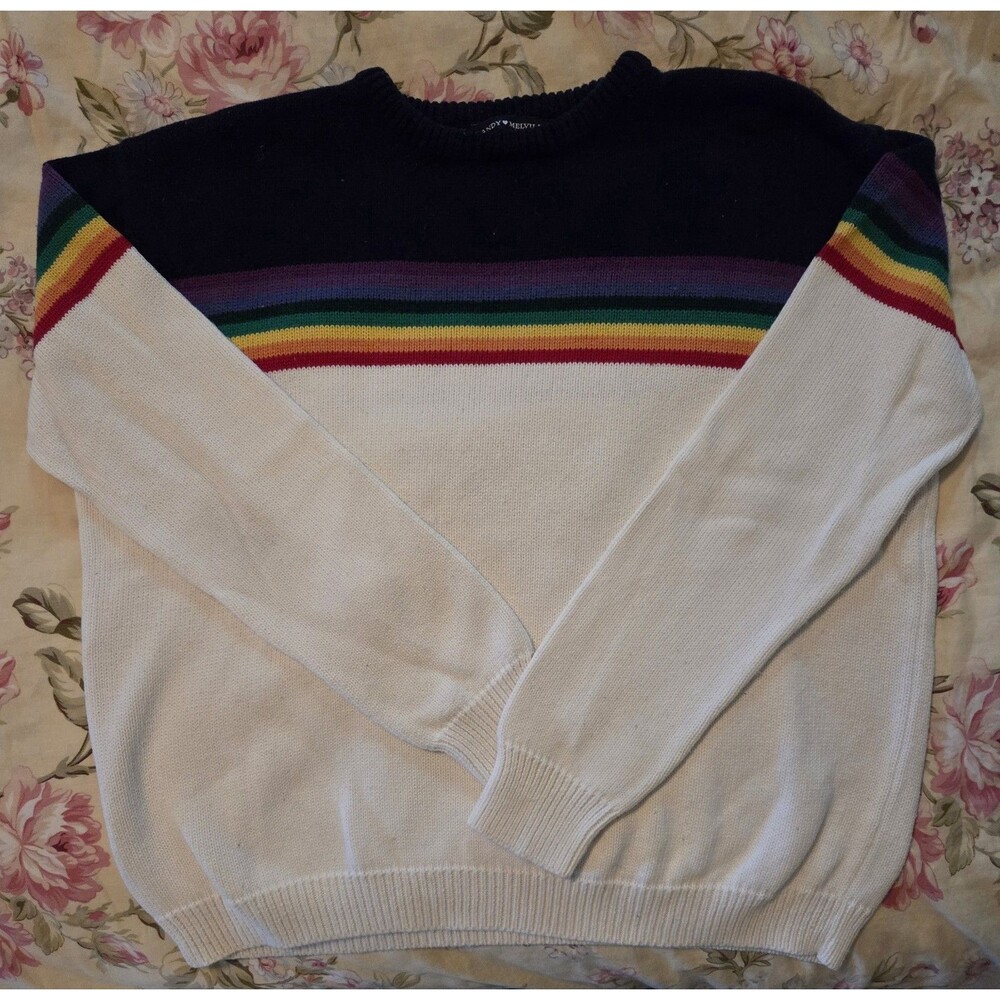 Brandy Melville Sweater Rainbow Striped White Cotton Knit One Size